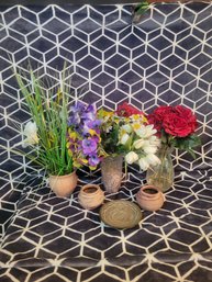 Faux Flowers In Vases, 1 Signed Pottery Base, And The 2 Small Pottery Planters- - - - - - - - - - - -Loc:BS1