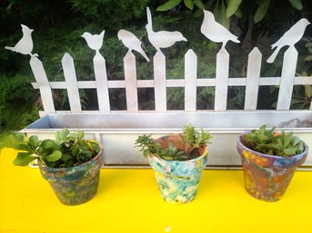 Bird Planter With 3 Small Painted Clay Planters With Plants