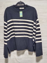 New With Tags Ladies Round Neck Black & White Striped Slitted Sweater From She La La-Size M / L