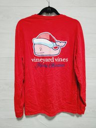 Unisex Vineyard Vines Red Santa Claus Merry Christmas Pink Whale Long Sleeve Shirt Size Large