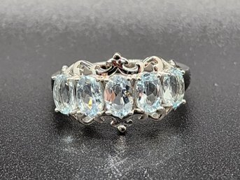 Blue Aquamarine 5 Stone, Rhodium Over Sterling Ring