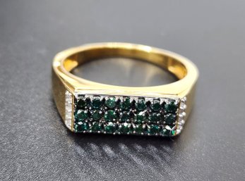 Green & White Diamond Men's Ring In Yellow Gold Over Sterling