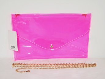 New Neon Pink Clear Ladies Clutch Purse With Long Gold Tone Chain Strap