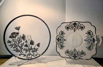 Two Antique Platters, Both With Frosted Glass One With Handles,  Both With Silver Overlay Stunning