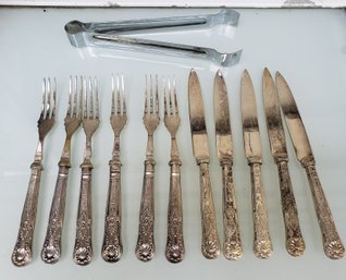 Vintage Silver Plated Knives (5) And Forks (6) Paired With Tongs