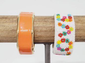 Two New Ladies Bracelets - Fornash Gold Tone Coral Enamel Hinge & Beaded LOVE Cuff Bracelets (Lot E)