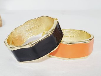 Two New Ladies Bracelets - Fornash Gold Tone Coral & Black Enamel Hinge Bracelets (Lot J)