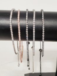 Five New Dainty Adjustable Rhinestone Ladies Tennis Bracelets - Assorted Color Metals (Lot Q)