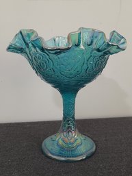 Fenton Persian Medallion Teal Carnival Glass Crimped Ruffled Compote #2