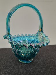 Fenton Starburst Diamond Iridescent Blue Ruffled Edge Twisted Handle Basket #3