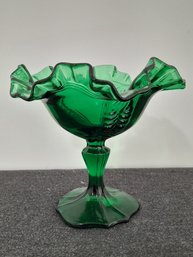 Vintage Fenton Colonial Green Ruffled Pedestal Dish #5