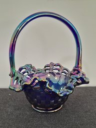 Fenton Art Glass Iridescent Carnival Glass Basket Weave Pattern Basket #6