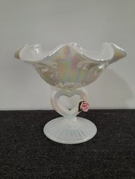 VTG Fenton Iridescent Milk Glass Heart Pedestal Small Ruffled Bowl #7