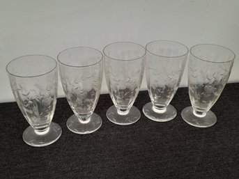 VINTAGE ETCHED GLASS FOOTED JUICE GLASSES