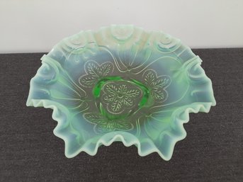 Opalescent Green Depression Glass Ruffled Footed Candy Trinket Dish #9