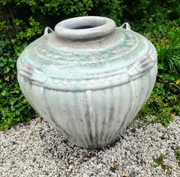 Ceramic Glazed Outdoor Urn  In Shades Of Gray And Green