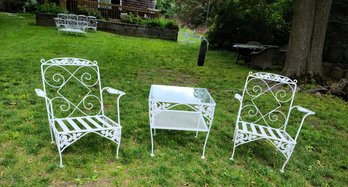 Two Wrought Iron Vintage White Metal Outdoor Chairs / Matching  Glass Table