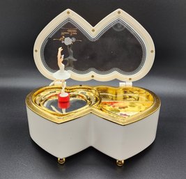 White Double Heart Shaped Music Box With Ballerina