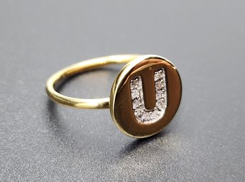 Diamond Initial U Ring In 14k Yellow Gold Over Sterling