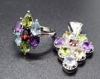 Multi-Gemstone Ring & Pendant In Stainless