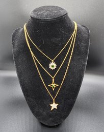 Chrome Diopside, White Zircon, Multi Layered Necklace Set In Yellow Gold Over Sterling