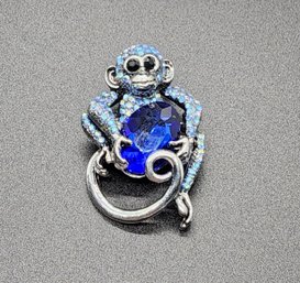 Blue Glass & Crystal Monkey Brooch