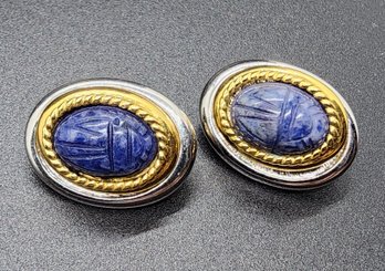 Vintage Gold, Silver & Blue Scareb Clip On Earrings With Sterling Wires