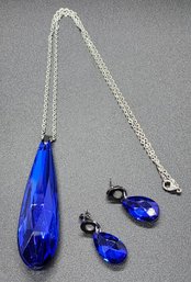 Pretty Large Blue Gem Costume Jewelry Set With Matching Earrings