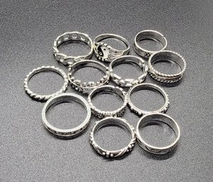 Huge Lot Of 12 Silvertone Rings