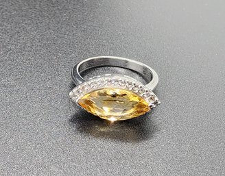 Brazilian Citrine, White Zircon, Rhodium Over Sterling Ring