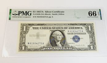 1957 A $1 Dollar Blue Seal Silver Certificate PMG Graded 66 Gem Mint