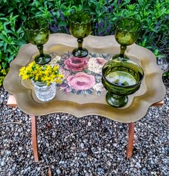 Pretty Vintage Floral Tole Tray With Stand Paired With Vintage Indiana Green Glass And Small Crystal? Vase