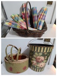 Flowered Bucket/Planter/wastebasket Paired With Vintage Basket And Placemats Plus Tin Baskets- Never Used