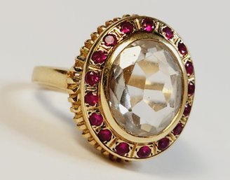 14k Yellow God Victorian Ring - Prasiolite Large Stone Center With Ruby Stones Around