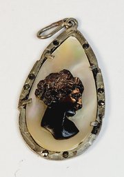 Wow... Antique Mother Of Pearl Black Carved Cameo 800 Sterling Silver Pendant