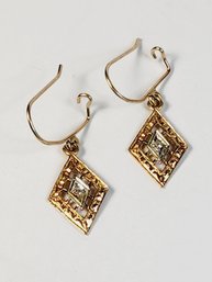 14k Yellow Hanging Diamond Shape Earrings With Diamond