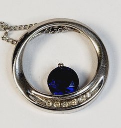 Vintage 10k White Gold Blue Sapphire Stone Round Diamond  Necklace