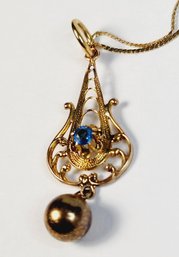 Antique  14k  Italian Yellow Gold Necklace And Pendant With Blue Stone