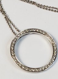 Vintage 18k Italian White Gold Necklace And Circle Diamond Studded Pendant