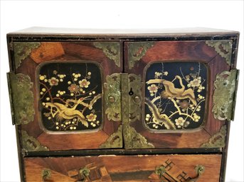 RARE Antique Oriental Small Lacquered Wood/brass Jewelry Chest With Doors/drawers