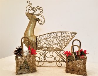 Holiday Gold Glitter 20' Reindeer With Two Small Decorative Glitter Baskets