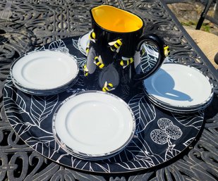 Fabulous Black N White, With A Touch Of Yellow Vintage Bee Pitcher By Department 56 Plus Huge Tray & Plates
