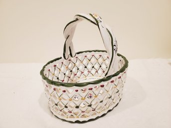 Vintage Made For Neuwirth Hand Painted Basket Weave Twisted Handle Pottery Basket - Made In Portgual