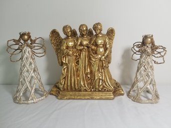 Gold Tone Christmas Angel Decor & Candlestick Holder