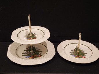 Two Cuthbertson England Original Christmas Tree Tiered And Handled Serving Trays