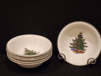 Six Cuthbertson England 9' Round Vegetable Serving Bowls Christmas Tree Narrow Green Band