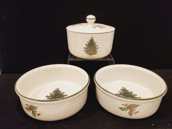 Trio Of Cuthbertson England Original Christmas Tree Open & Lidded Casserole Bowls