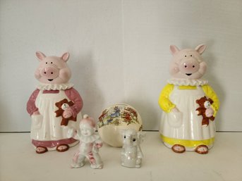 Two  Porcelain Piggy Banks Pigs Paired With Royal Doulton 'Bunnykins' & Two Mini Figurines, Clown And Elephant