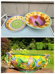 Two Handpainted Ceramic Bowls Plus Tropical Parakeet Bowl/planter