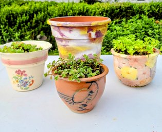 Trio Of Pretty Ceramic Planters With Plants And Inexpensive Plastic Without